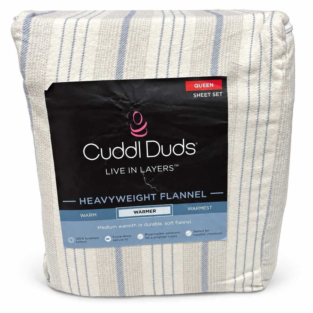 Cuddl Duds Heavyweight Flannel Queen Sheet Set 100% Cotton Everyday Stripe